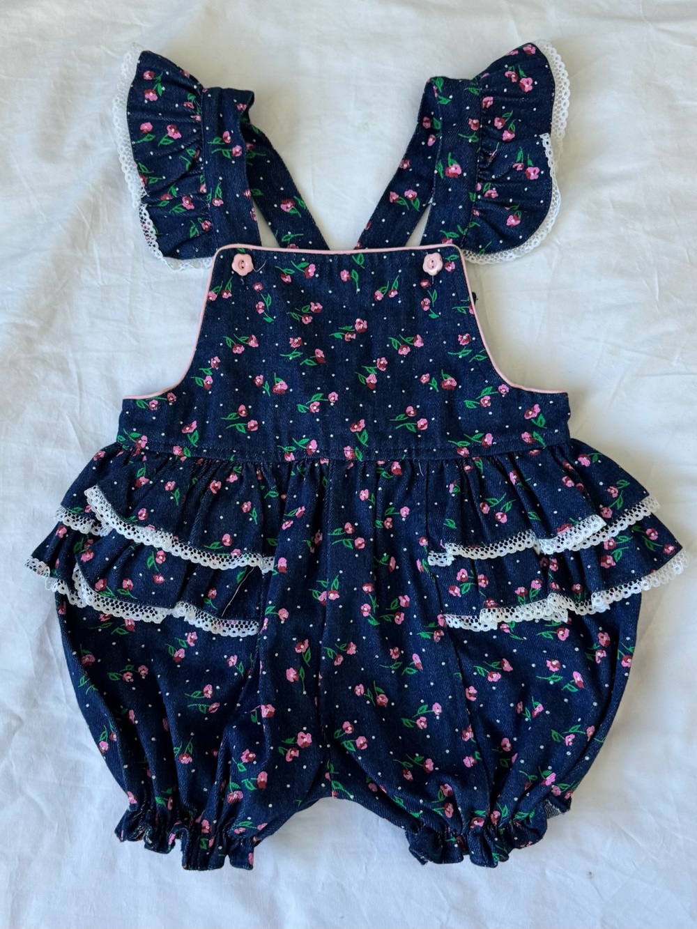 Vintage Tiny Tots Original Romper Girl's Size 2 Denim Ruffles Snap Crotch